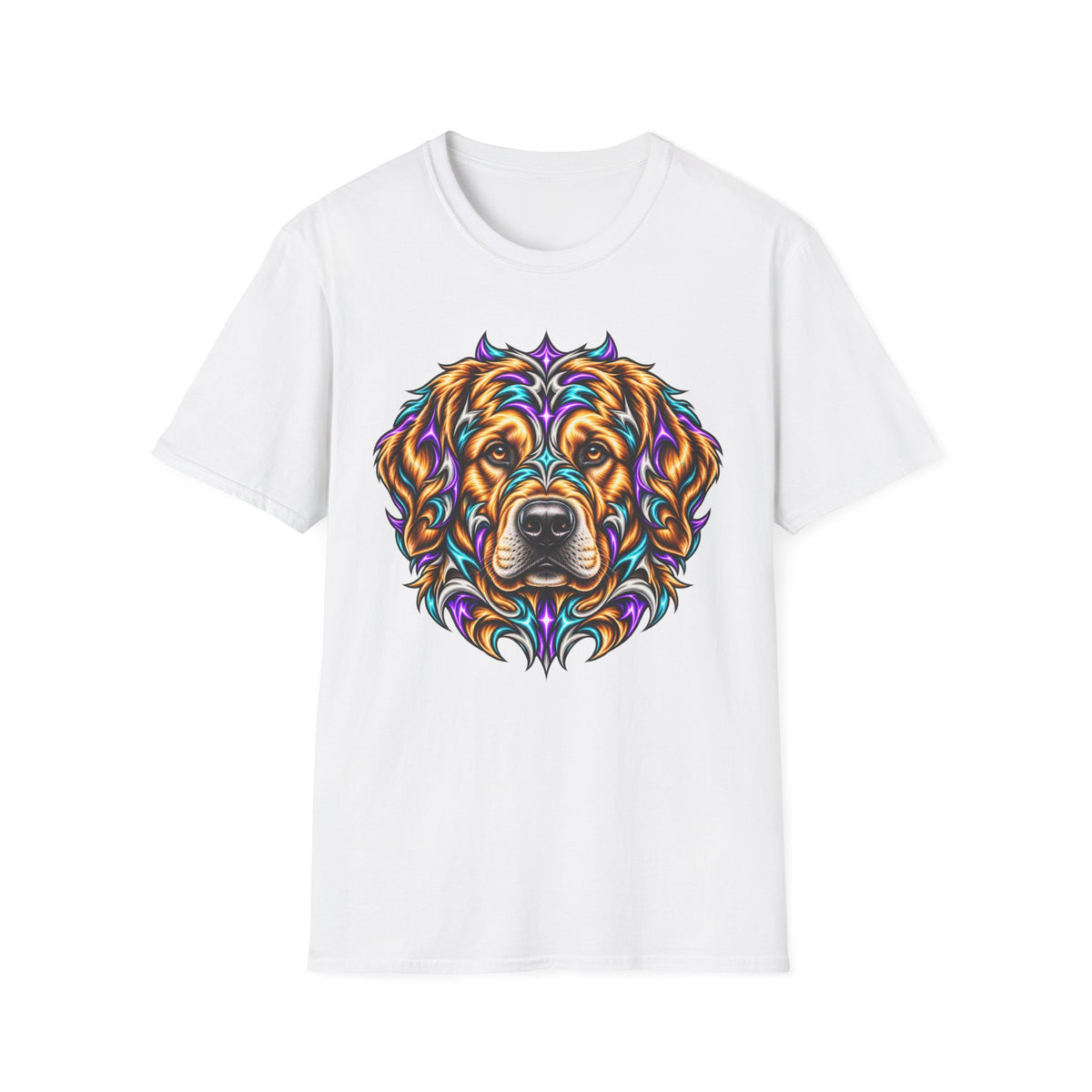 Golden Retriever Head T-Shirt — Colorful Psychedelic Dog Portrait Tee