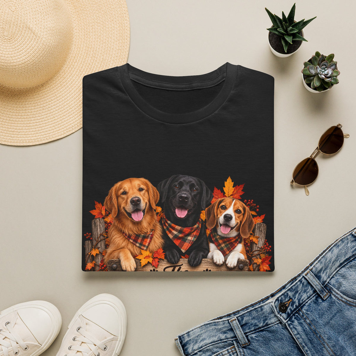 Three Fall Dogs T-Shirt | Autumn Leaves Labrador Beagle Graphic