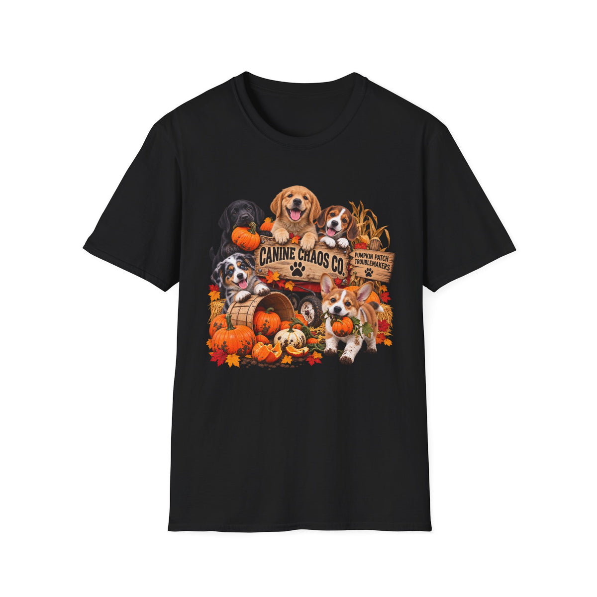 Halloween Dog Crew T-Shirt — "Canine Chaos Co." Autumn Pumpkin Puppy Tee