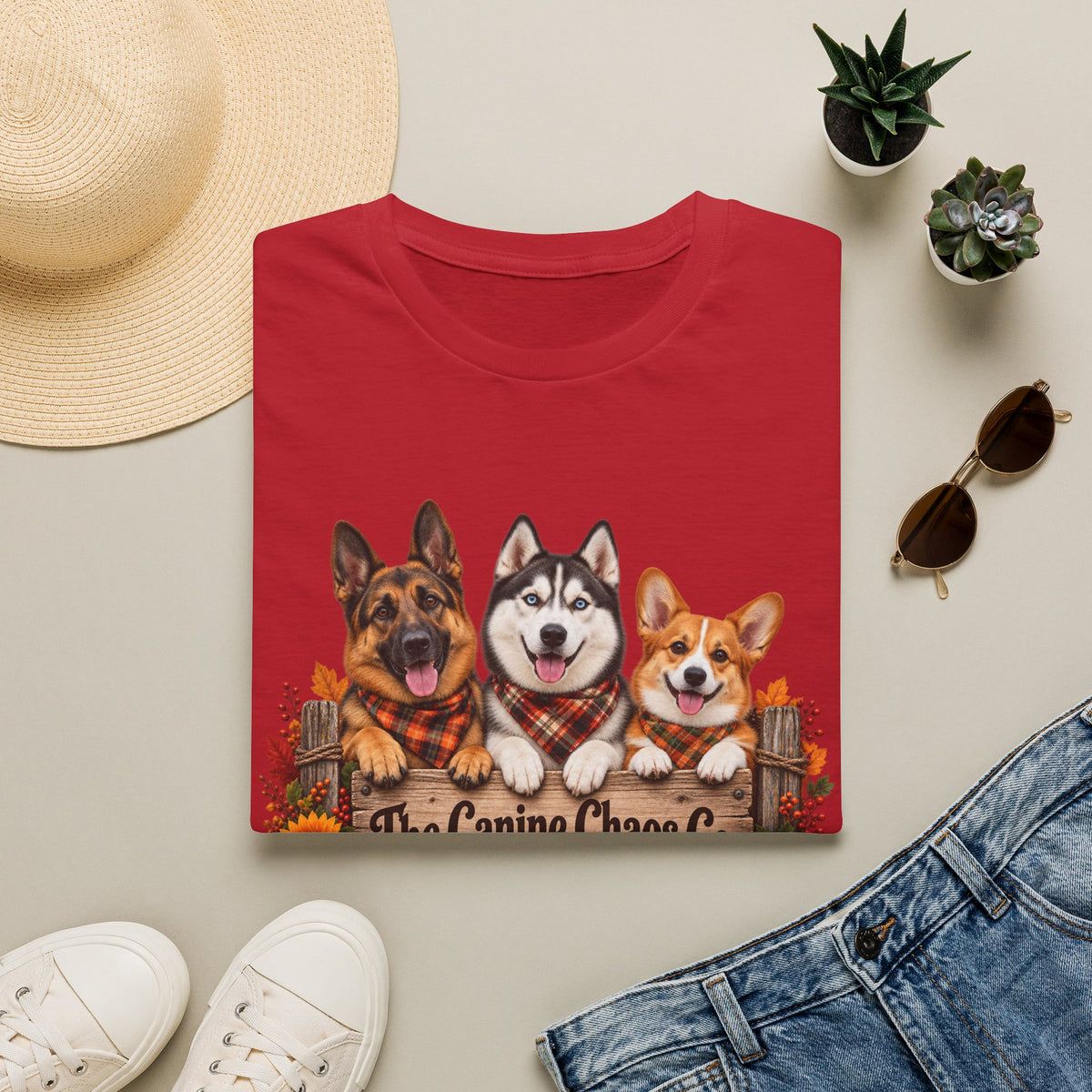 Three Dogs Fall Plaid Design T-Shirt | German Shepherd Husky Corgi