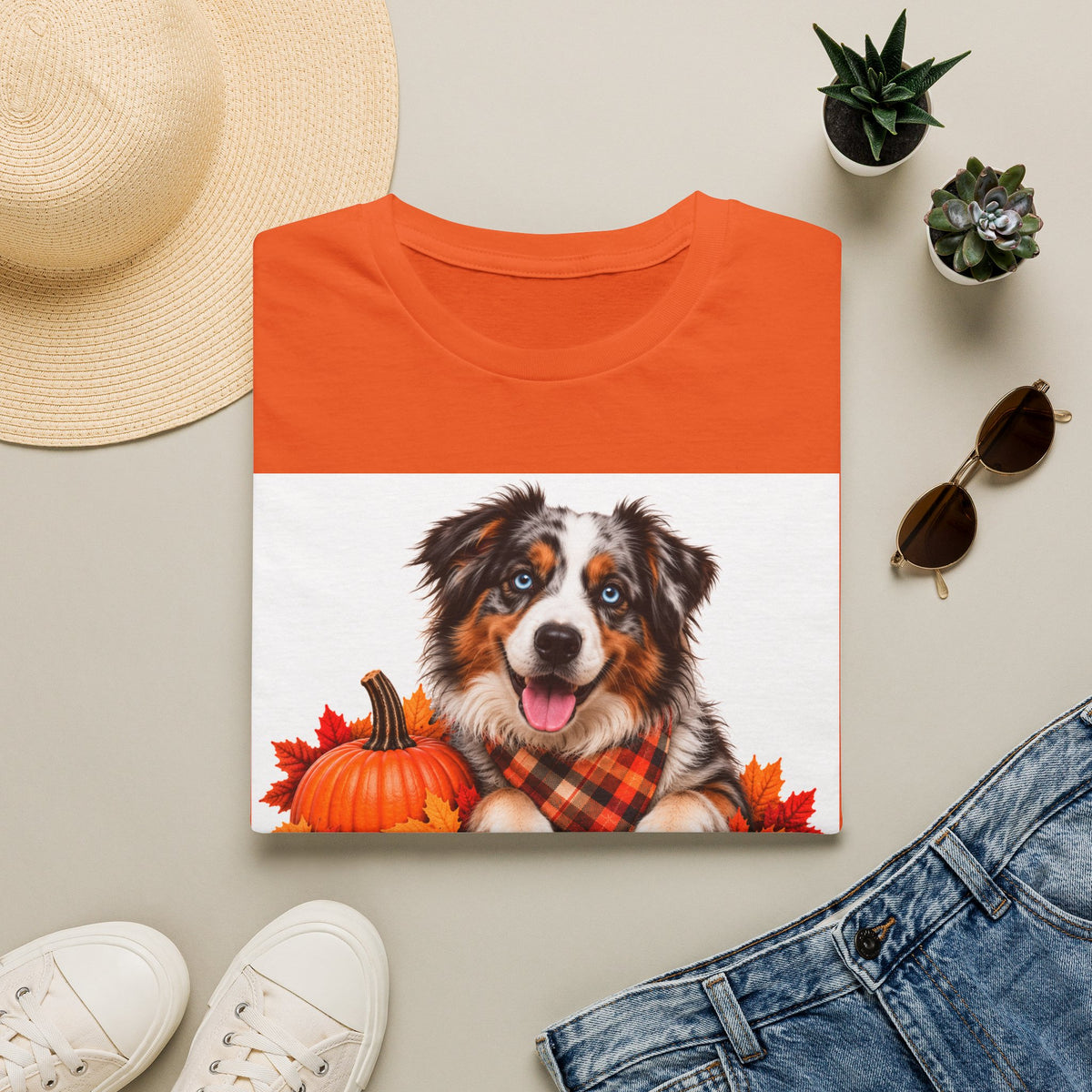 Autumn Aussie Dog T-Shirt — "Canine Chest Co." Fall Pumpkin Plaid Tee