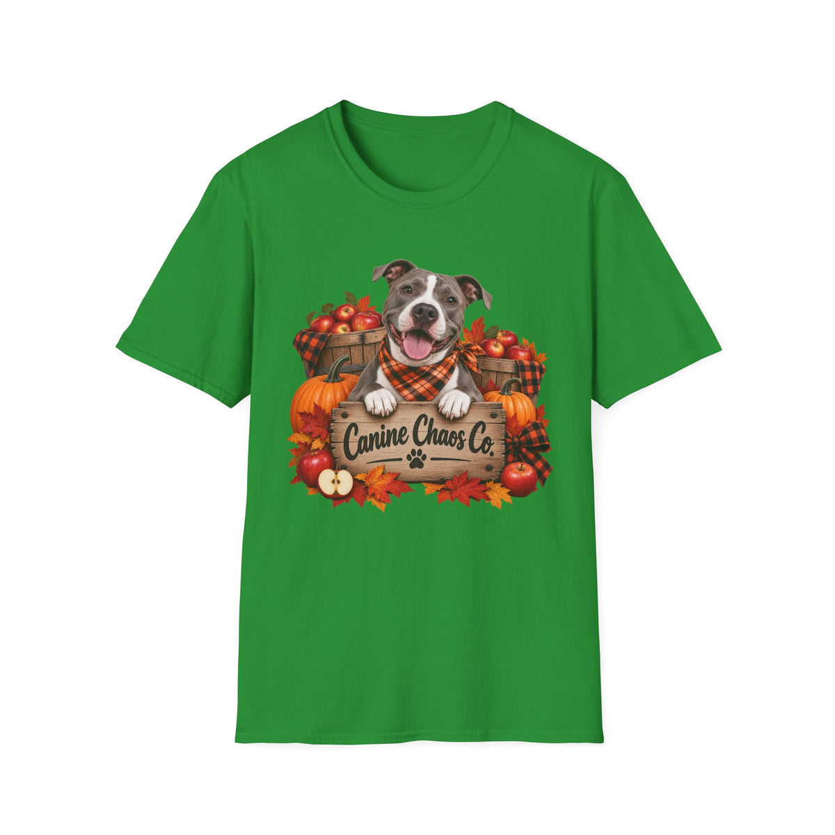 Fall Dog T-Shirt — 'Canine Chaos Co.' Autumn Pumpkin & Leaves Tee