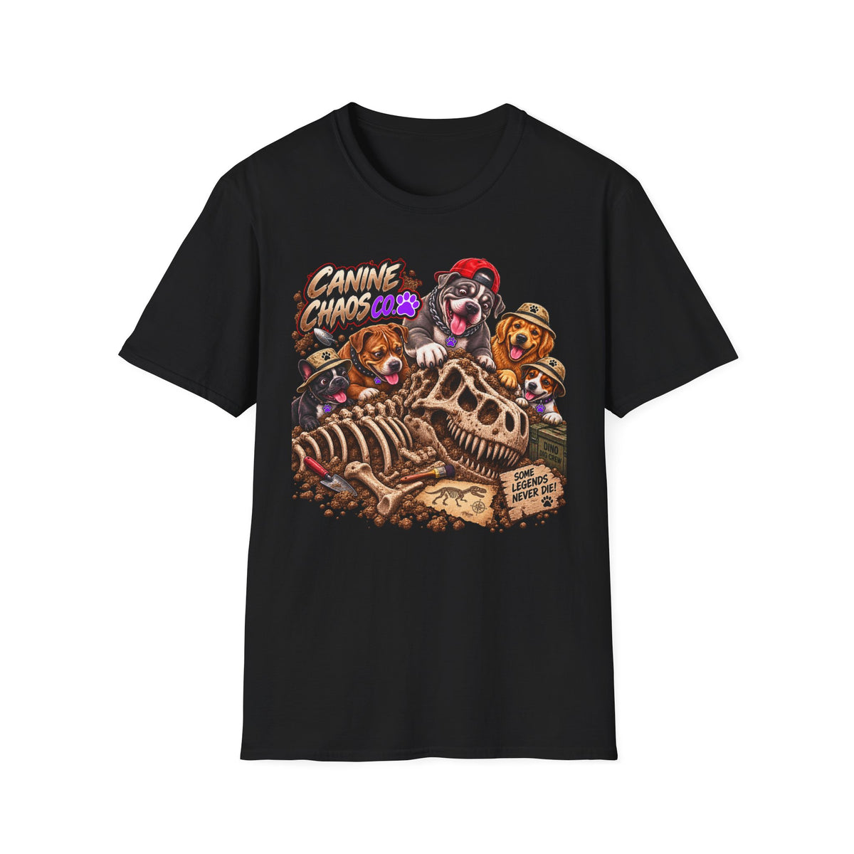 Canine Chaos Crew T-Shirt — Cute Dogs Digging Dinosaur Bones Graphic Tee