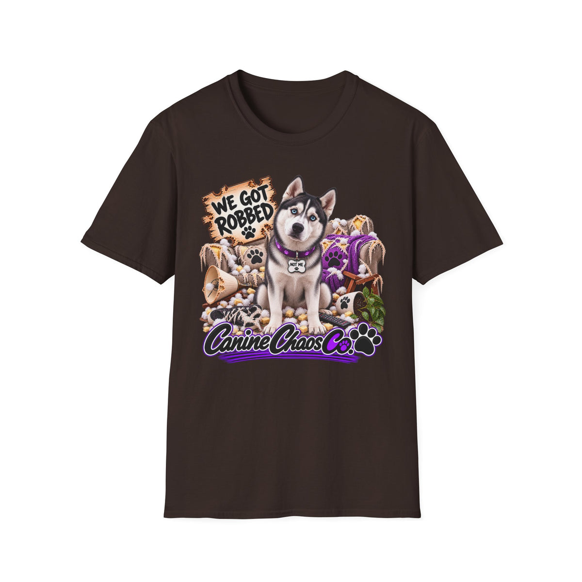 Husky Rescue Tee — “We Got Robbed” Canine Chaos Co. Graphic T-Shirt