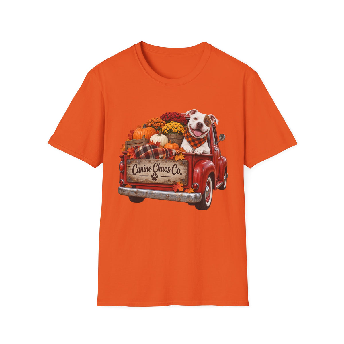 Fall Pickup Truck Dog T-Shirt — "Canine Chaos Co." Autumn Pet Tee