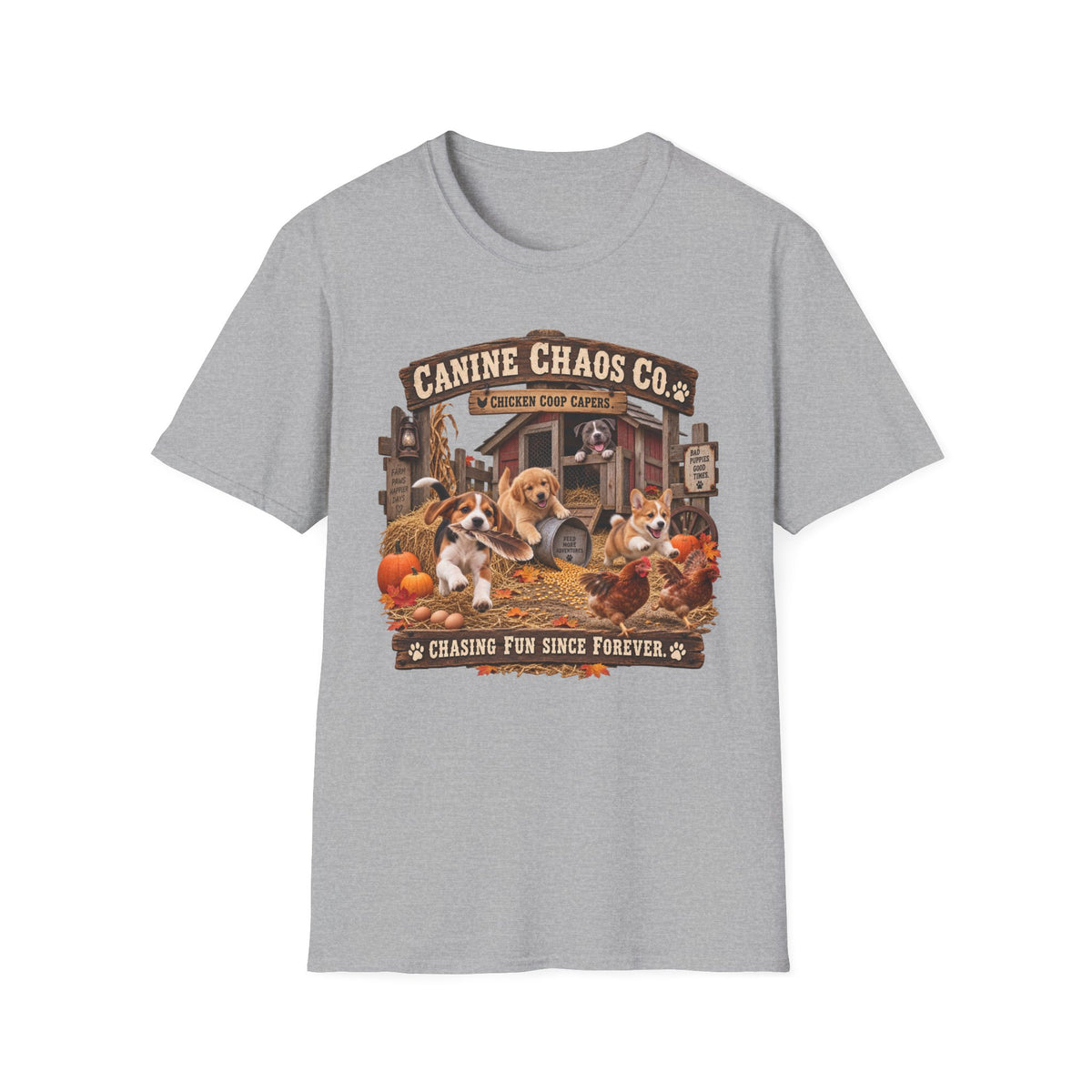 Canine Chaos Co. Fall Dogs T-Shirt — "Chasing Fun Since Forever"
