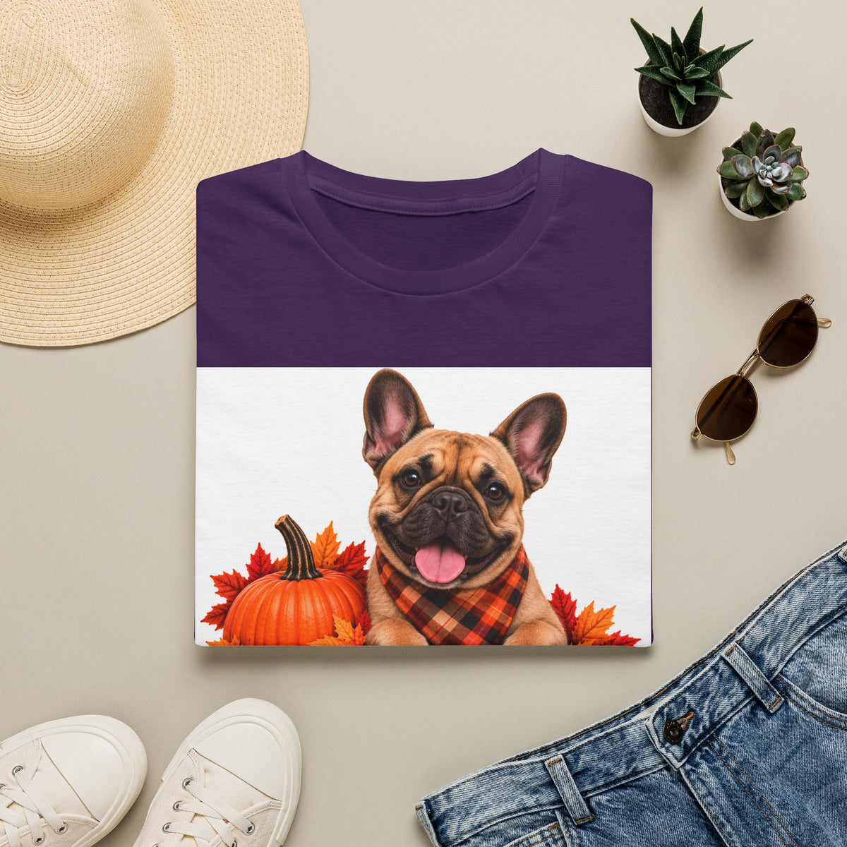 French Bulldog Fall T‑Shirt — 'Canine Choc Co.' Pumpkin & Plaid Dog Tee