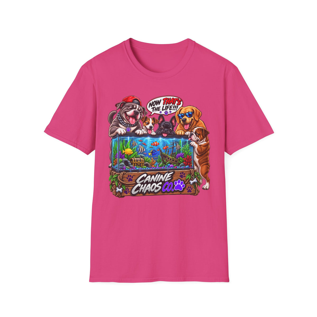Canine Chaos Aquarium T-Shirt — Funny Dogs 'Now Save the Fish!' Graphic Tee