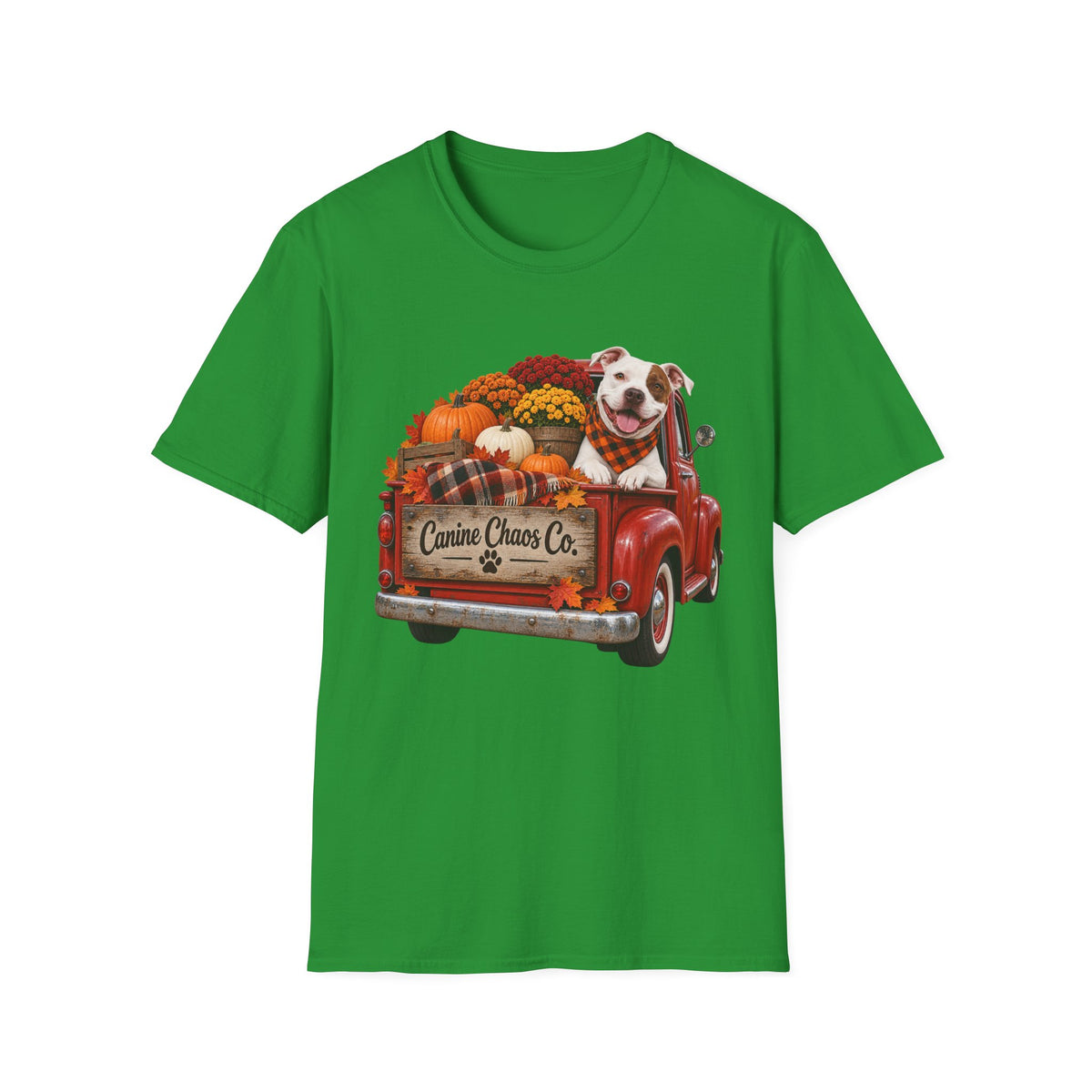 Fall Pickup Truck Dog T-Shirt — "Canine Chaos Co." Autumn Pet Tee