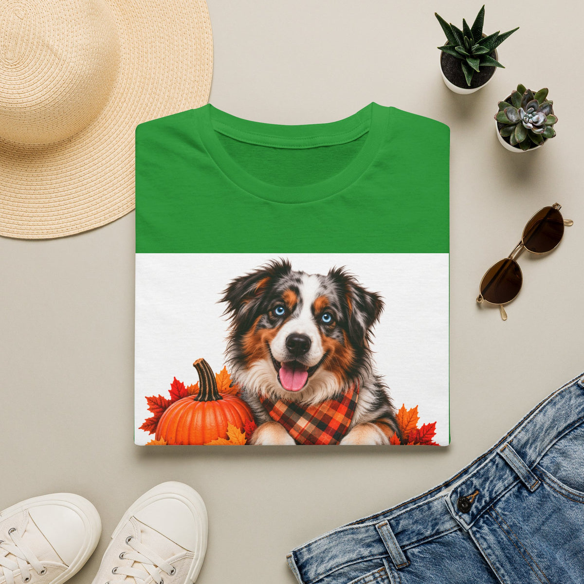 Autumn Aussie Dog T-Shirt — "Canine Chest Co." Fall Pumpkin Plaid Tee