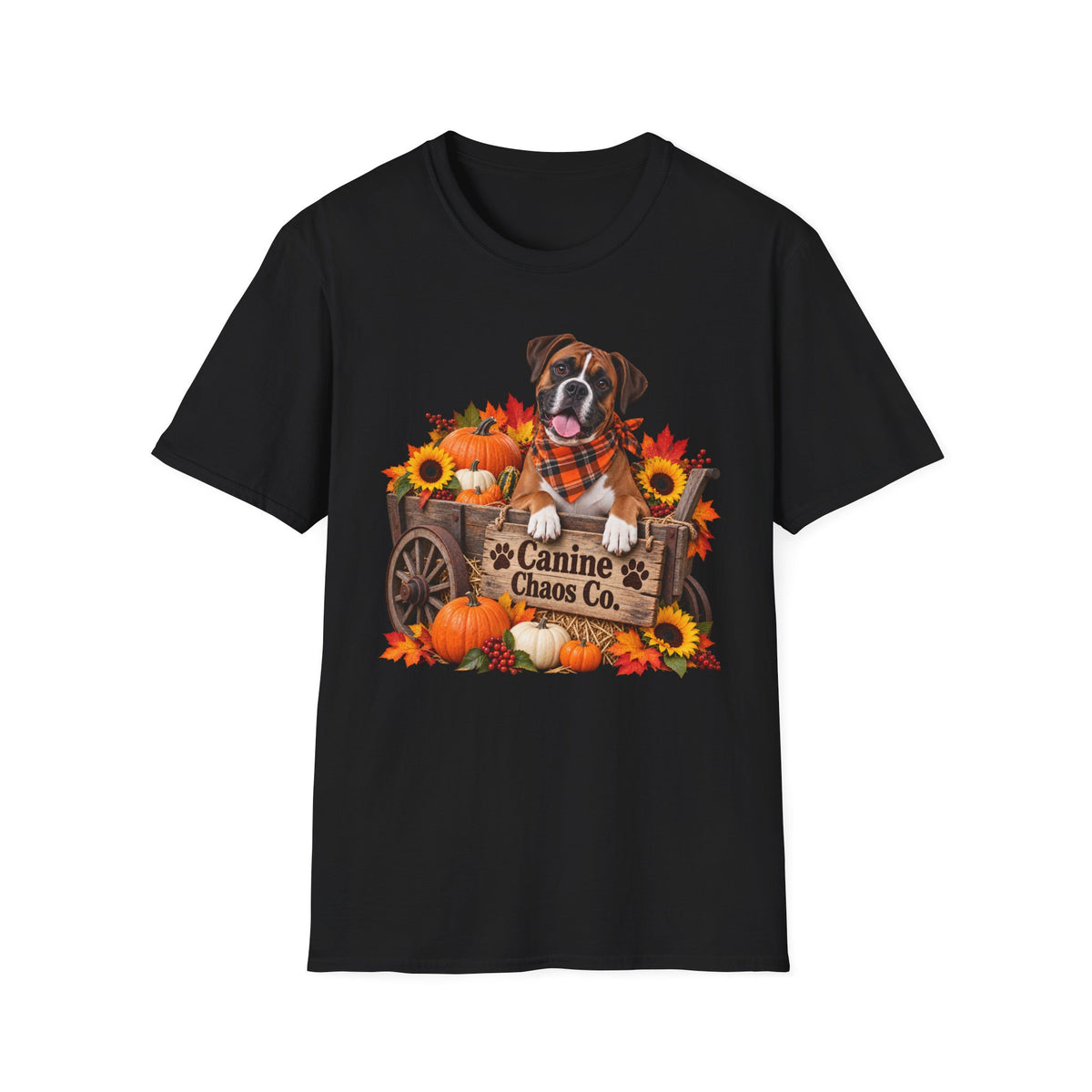 Fall Dog Pumpkin T‑Shirt — 'Canine Chaos Co.' Autumn Wagon Graphic