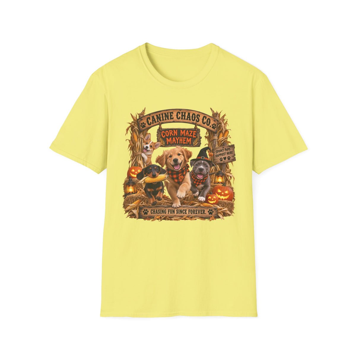 Halloween Dog T-Shirt — Canine Chaos Corn Maze Mayhem Graphic Tee