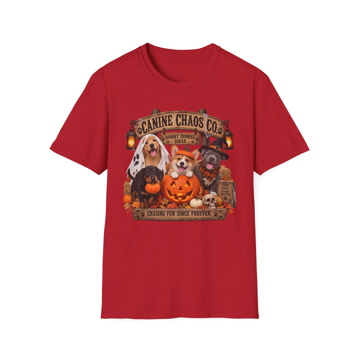 Canine Chaos Co. Halloween Dog T-Shirt — 'Chasing Fun Since Forever'