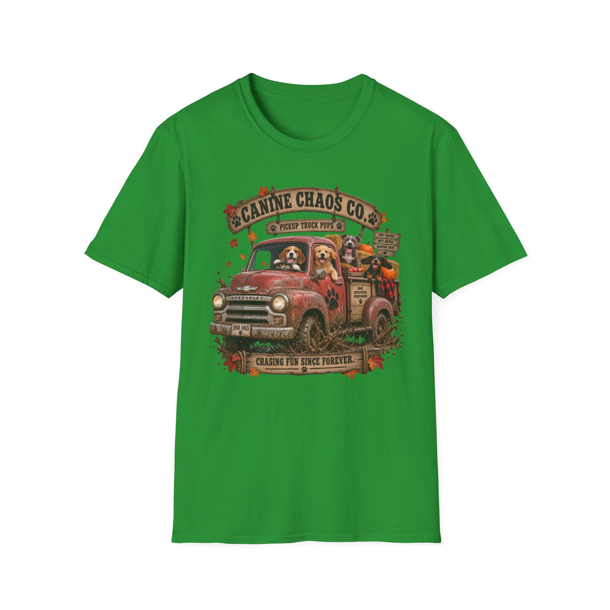Canine Chaos Co. Vintage Dog Truck T-Shirt — Dogs Riding Pickup Graphic Tee