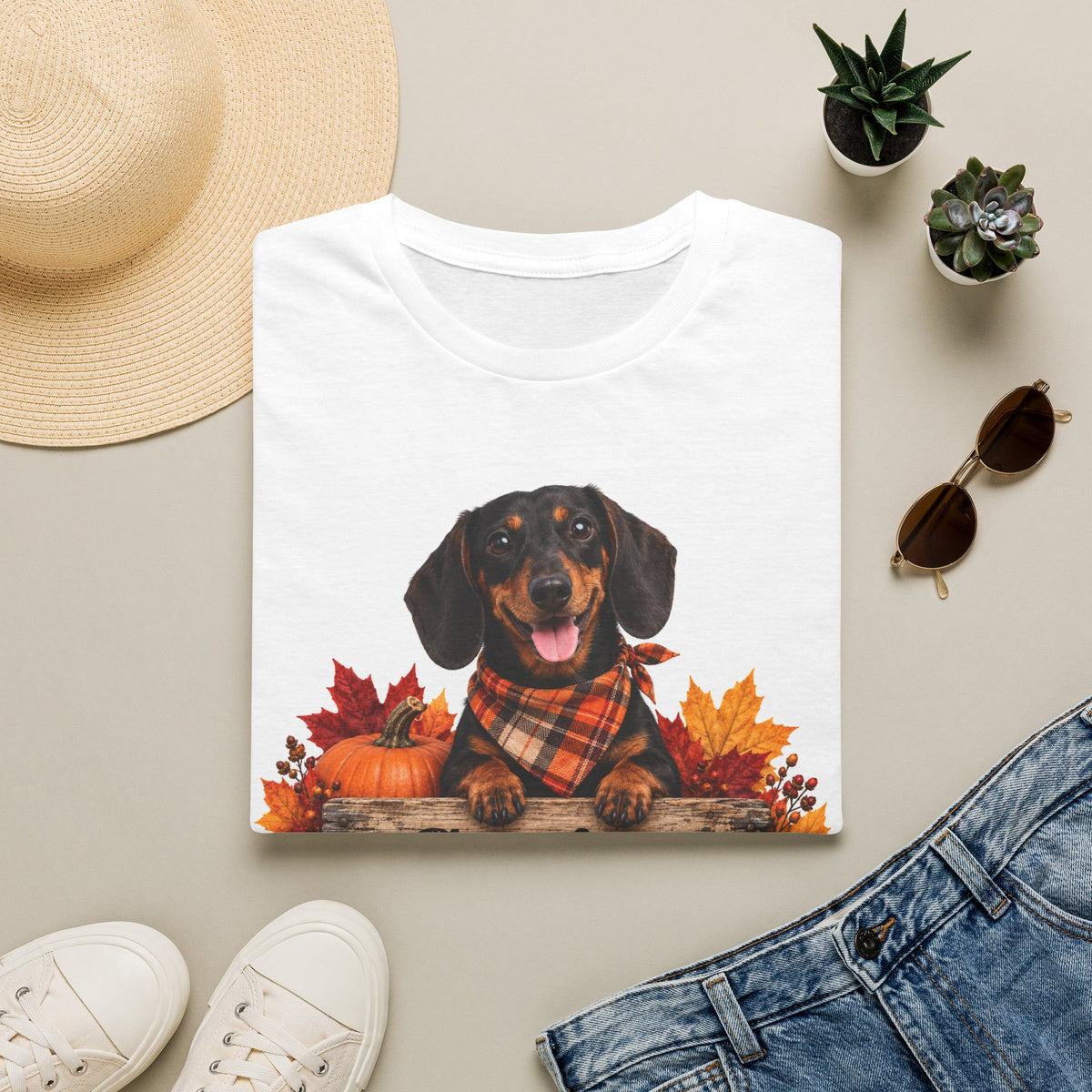 Dachshund Fall Tee — "Canine Chaos Co." Plaid Scarf Autumn Dog T-Shirt