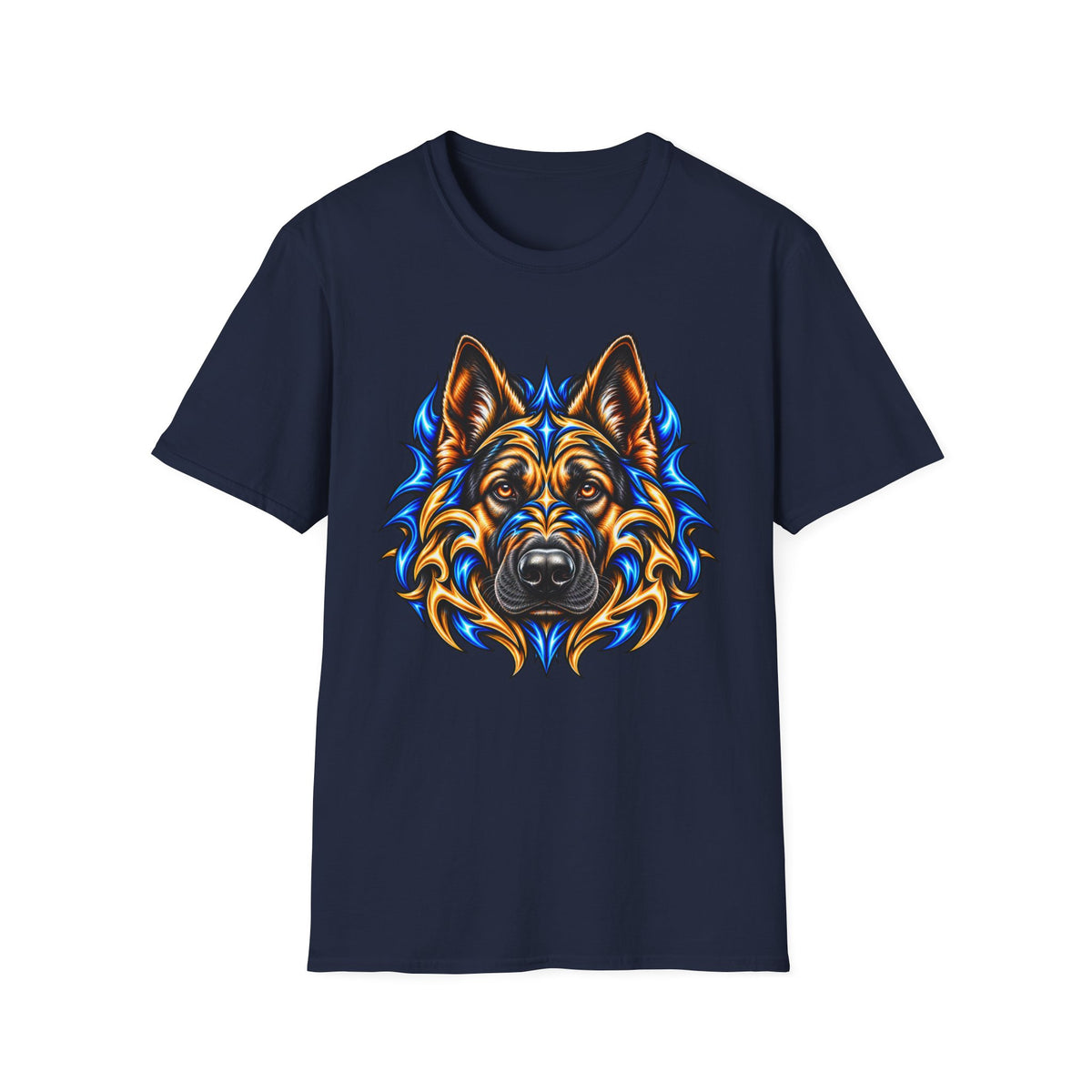 German Shepherd Head Graphic T-Shirt — Bold Blue & Gold Dog Portrait Tee