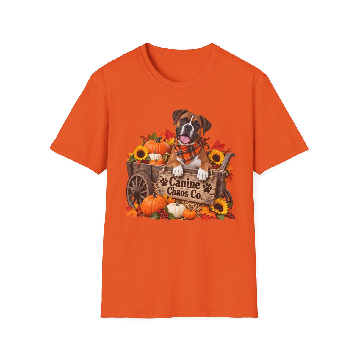 Fall Dog Pumpkin T‑Shirt — 'Canine Chaos Co.' Autumn Wagon Graphic