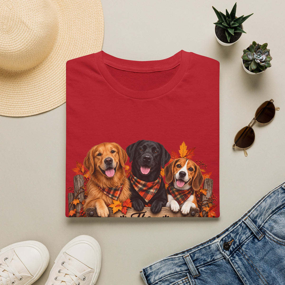 Three Fall Dogs T-Shirt | Autumn Leaves Labrador Beagle Graphic