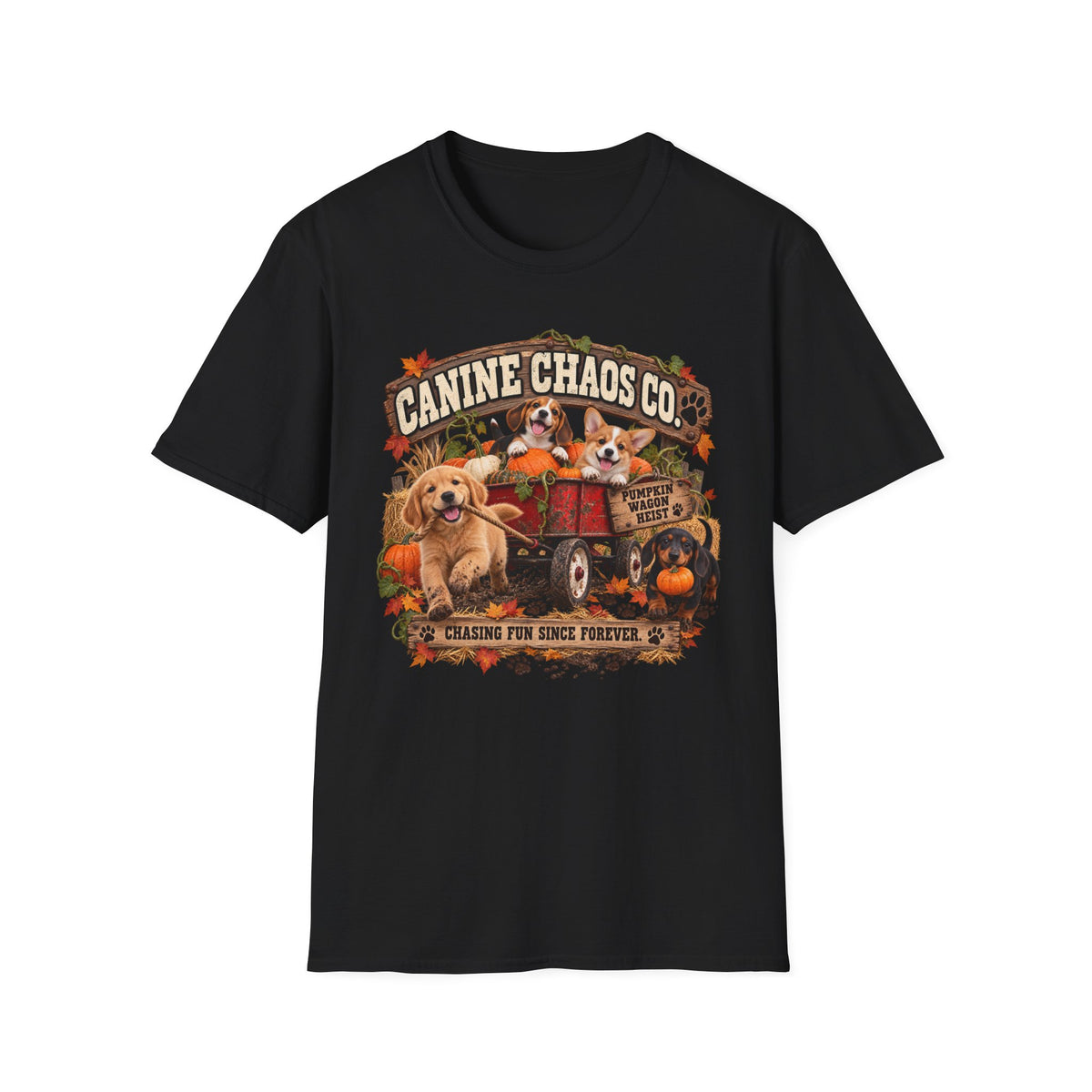 Canine Chaos Co. Fall Dogs T-Shirt — "Chasing Fun Since Forever"