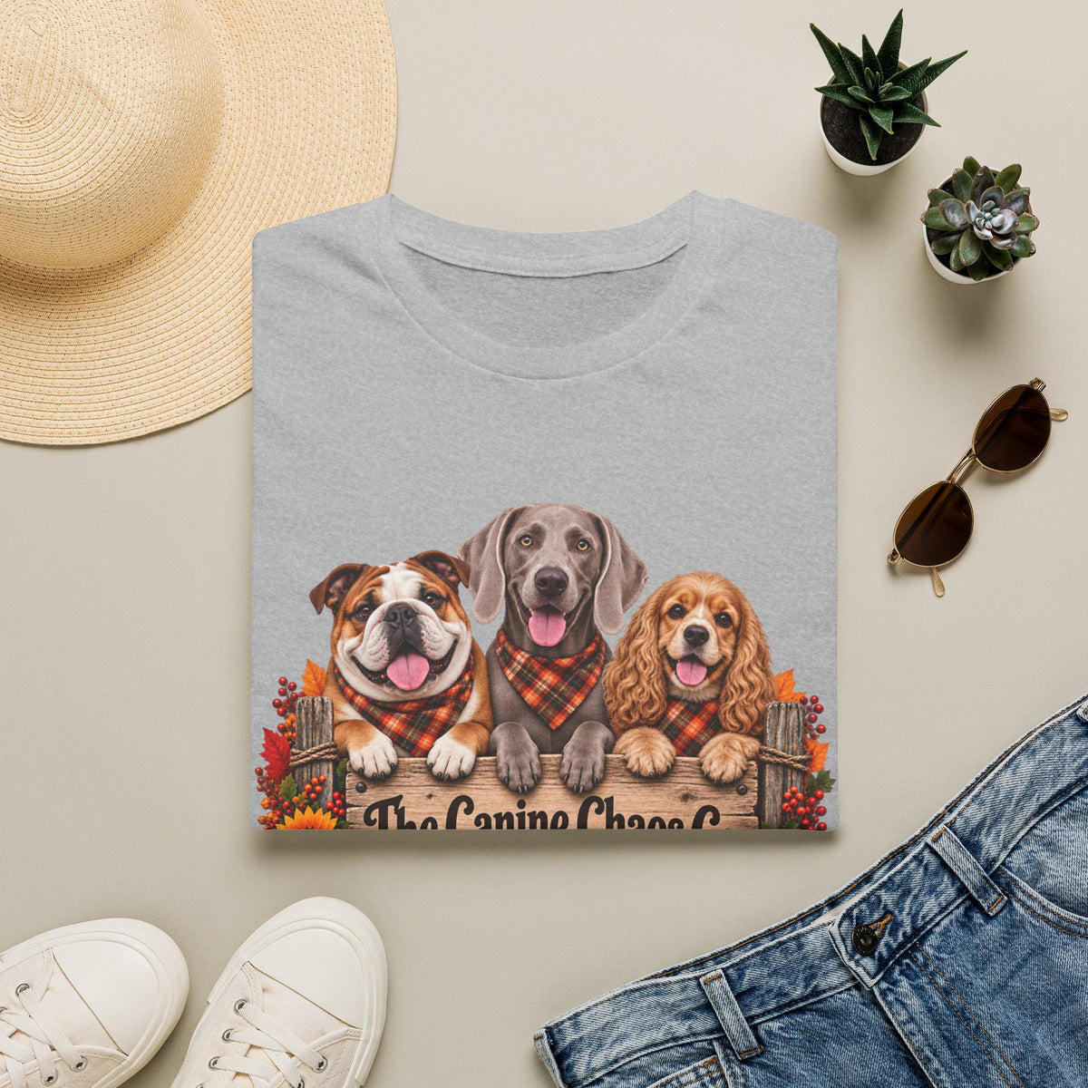 Dog Trio Fall Tee — "The Canine Chase Co." Autumn Puppies T-Shirt