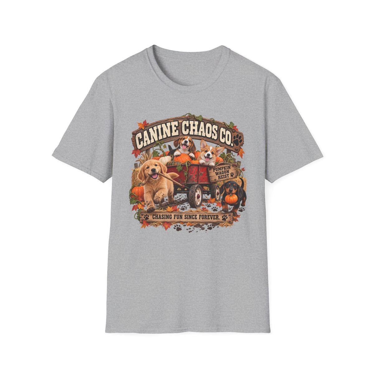 Canine Chaos Co. Fall Dogs T-Shirt — "Chasing Fun Since Forever"