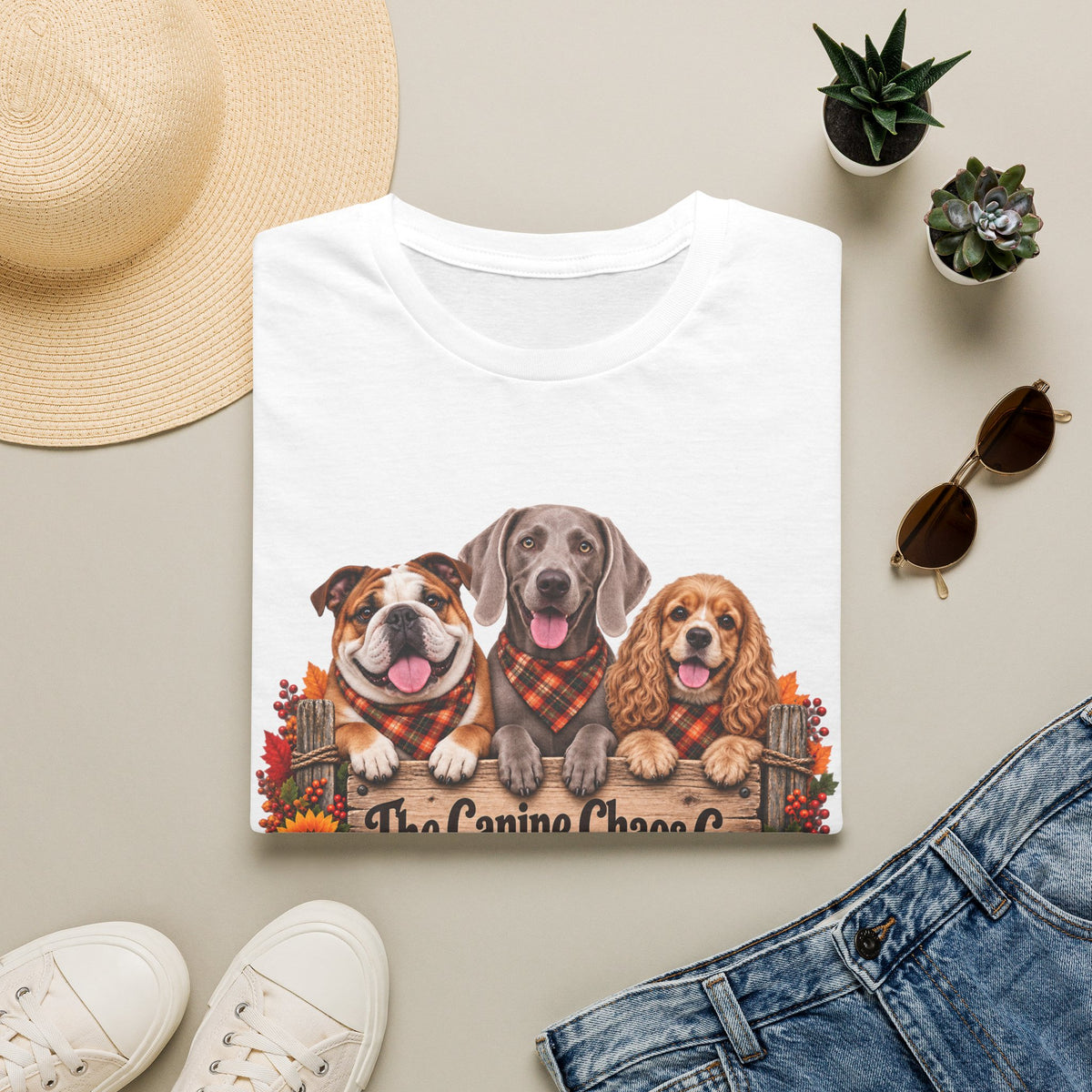 Dog Trio Fall Tee — "The Canine Chase Co." Autumn Puppies T-Shirt