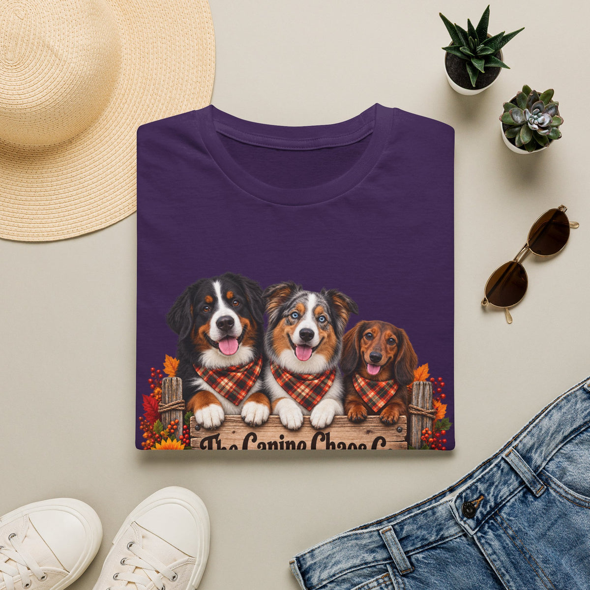 Three Dogs in Plaid Scarf Fall Leaves T-Shirt | Autumn Dog Trio