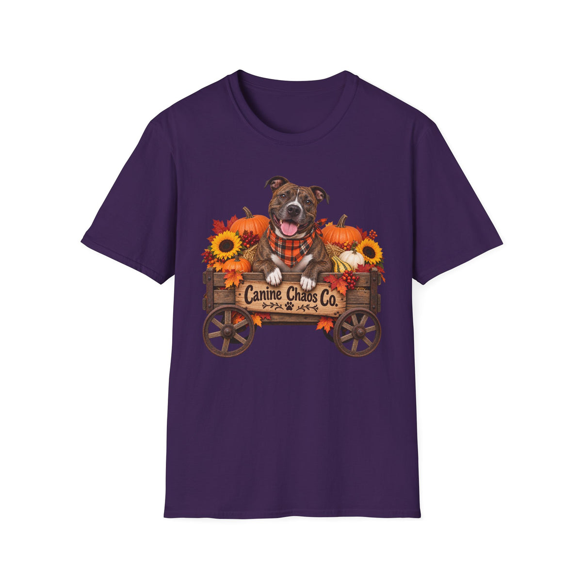 Fall Dog Wagon T-Shirt — "Canine Chaos Co." Pumpkin & Sunflower Autumn Tee