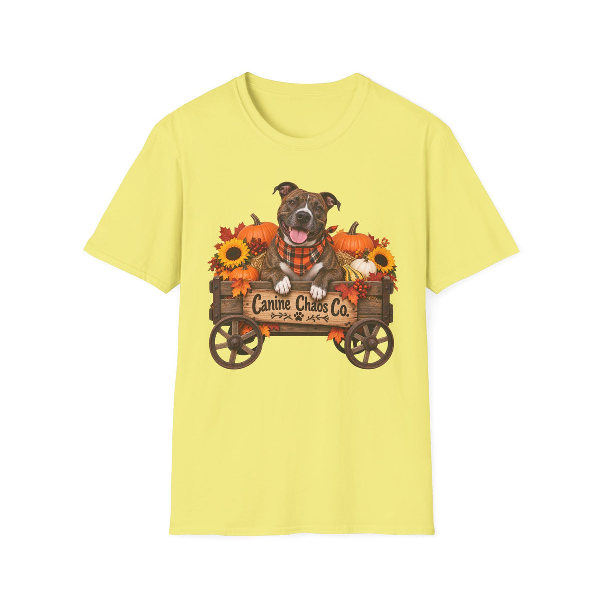 Fall Dog Wagon T-Shirt — "Canine Chaos Co." Pumpkin & Sunflower Autumn Tee