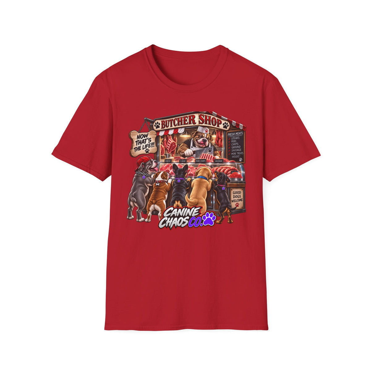 Canine Chaos Butcher Shop T-Shirt — Funny Dog Lover Graphic Tee