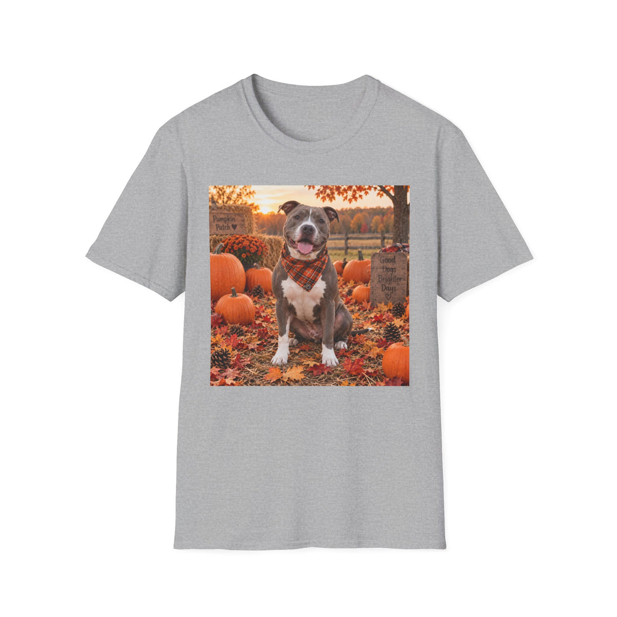 Fall Pumpkin Patch Dog T‑Shirt — Cute Pitbull in Autumn Scene
