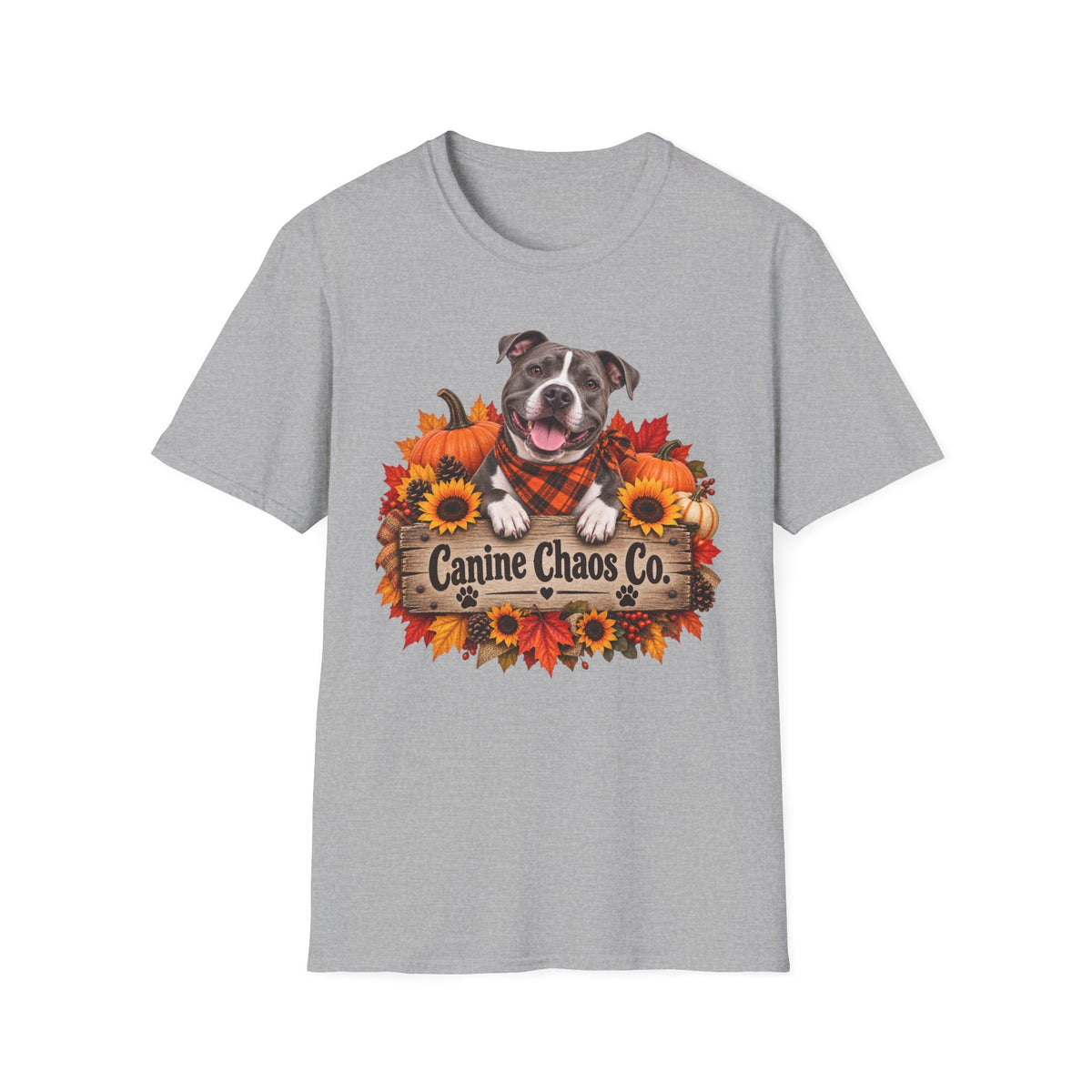 Canine Chaos Co. Fall Dog T-Shirt — Autumn Sunflowers & Plaid Bandana Tee
