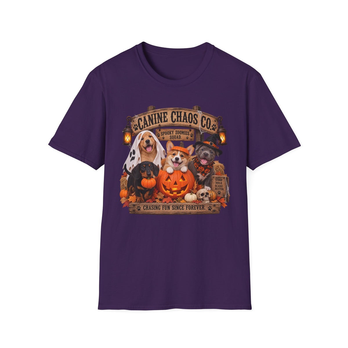 Canine Chaos Co. Halloween Dog T-Shirt — 'Chasing Fun Since Forever'