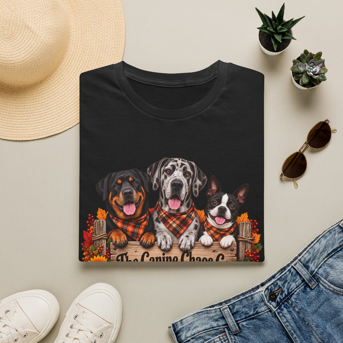 T-Shirt — Autumn Dogs Trio 'The Canine Chase Co.' Fall Graphic Tee