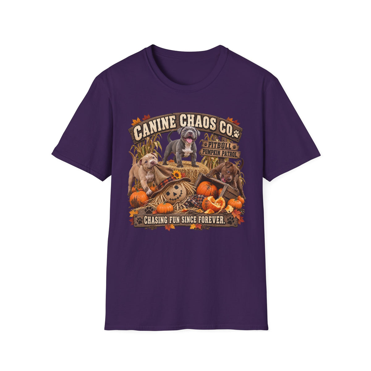 Canine Chaos Co. Fall Dogs T-Shirt — "Chasing Fun Since Forever"