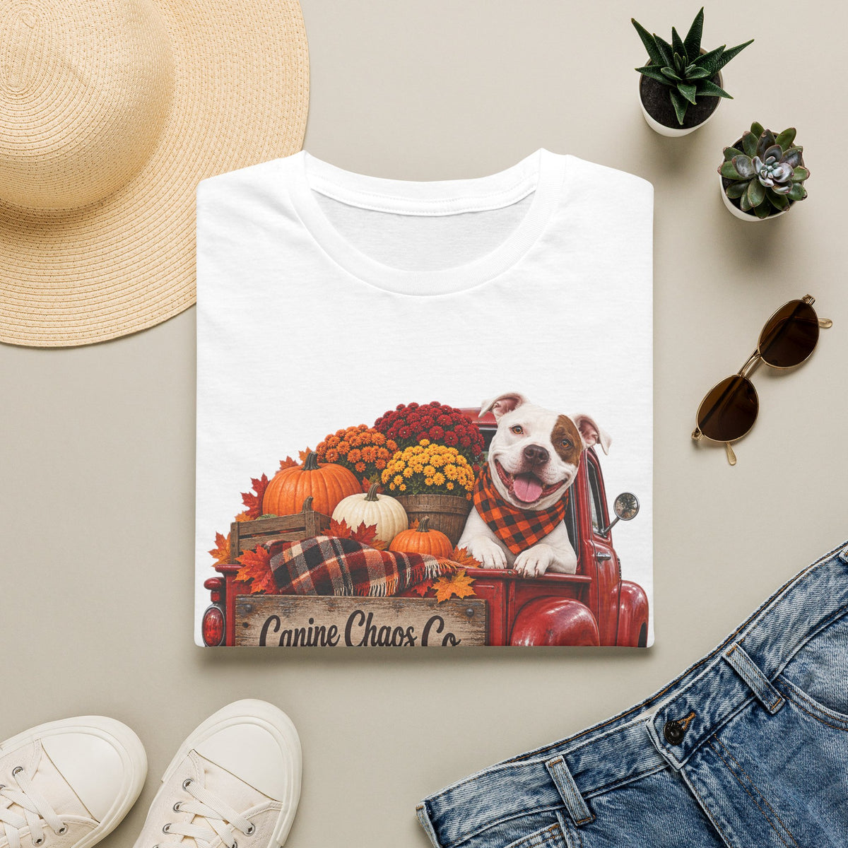 Fall Pickup Truck Dog T-Shirt — "Canine Chaos Co." Autumn Pet Tee