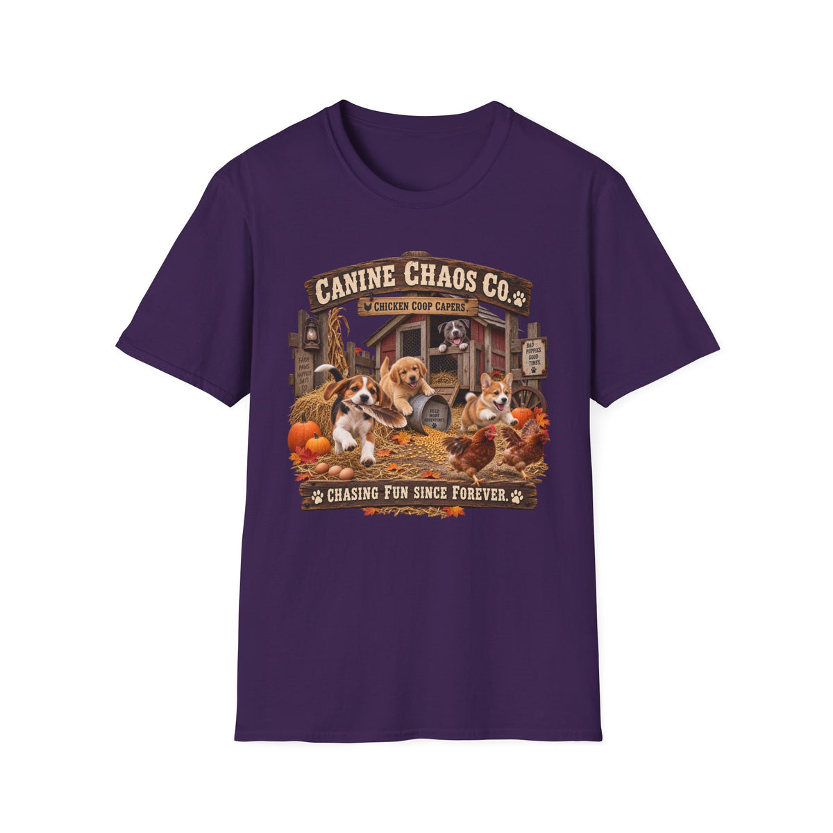Canine Chaos Co. Fall Dogs T-Shirt — "Chasing Fun Since Forever"