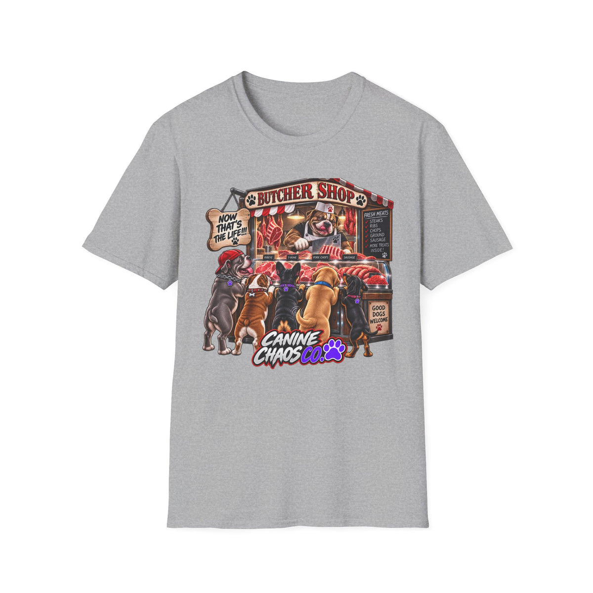 Canine Chaos Butcher Shop T-Shirt — Funny Dog Lover Graphic Tee