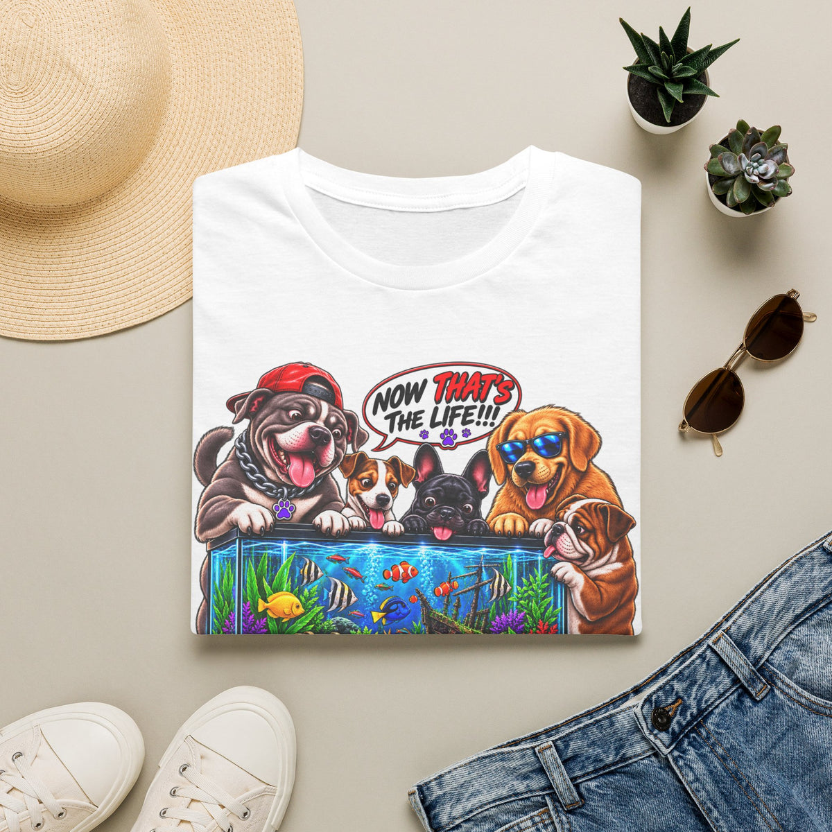 Canine Chaos Aquarium T-Shirt — Funny Dogs 'Now Save the Fish!' Graphic Tee