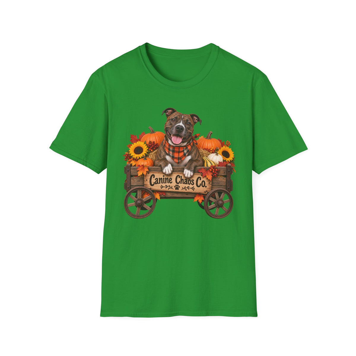 Fall Dog Wagon T-Shirt — "Canine Chaos Co." Pumpkin & Sunflower Autumn Tee
