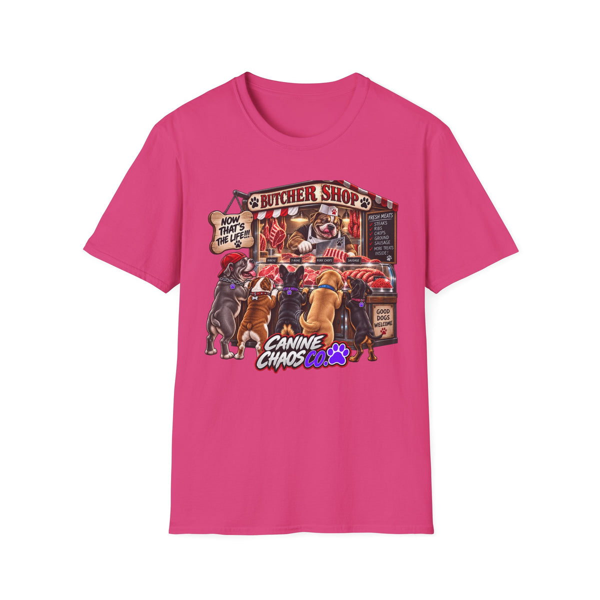 Canine Chaos Butcher Shop T-Shirt — Funny Dog Lover Graphic Tee