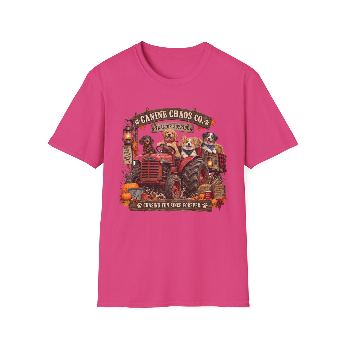Canine Chaos Co. Fall Tractor T-Shirt — Cute Dogs on Tractor, Harvest & Pumpkin Farm Tee
