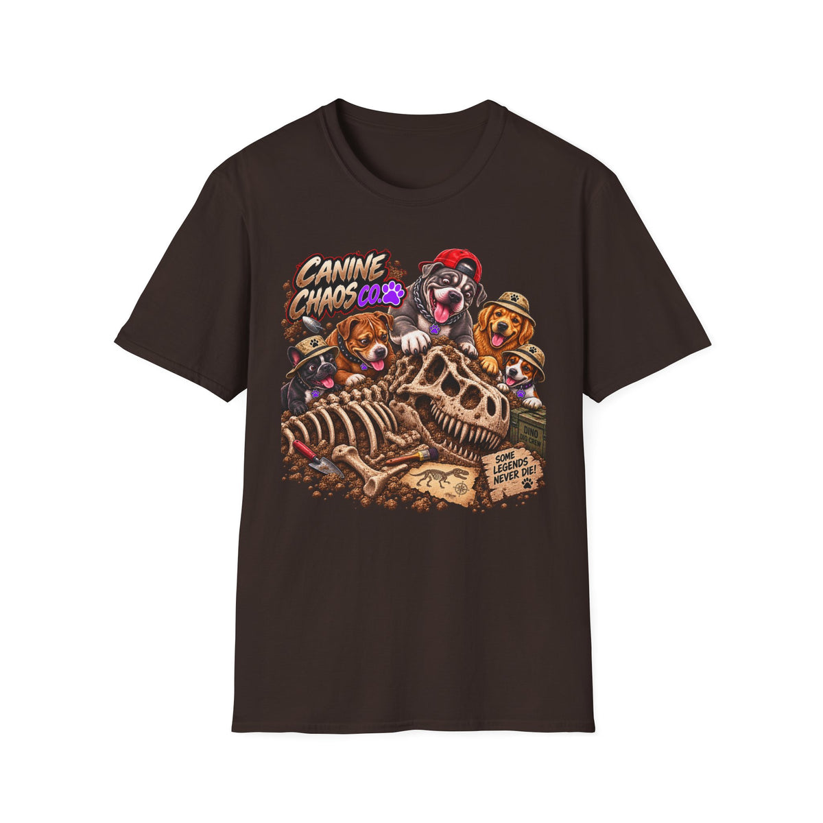 Canine Chaos Crew T-Shirt — Cute Dogs Digging Dinosaur Bones Graphic Tee