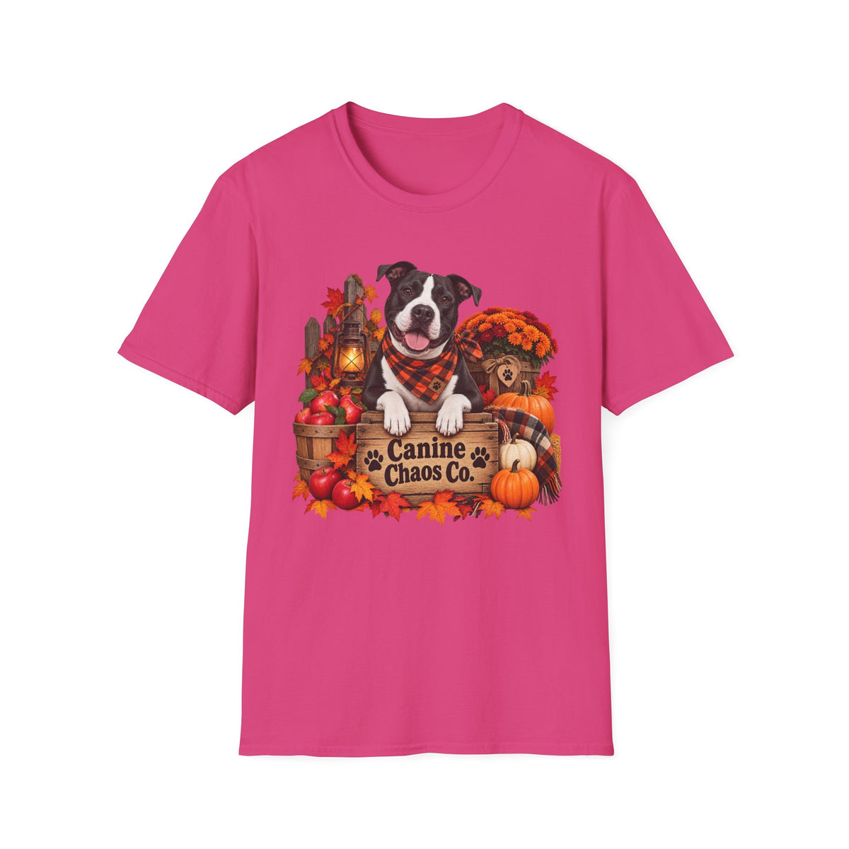Fall Dog T-Shirt — "Canine Chaos Co." Autumn Pumpkin & Leaves Tee