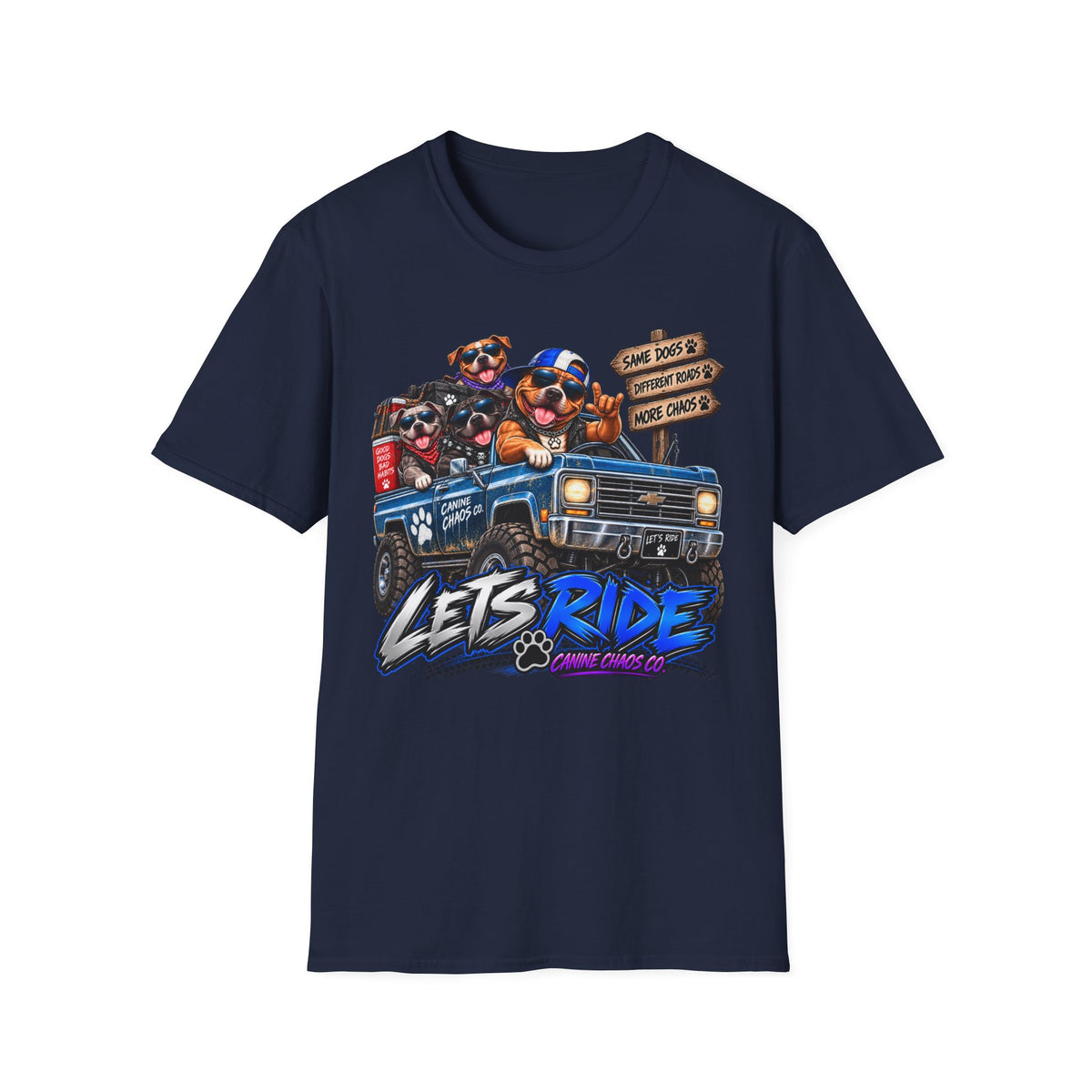 Lets Ride Off‑Road Truck T‑Shirt — Funny Dog Drivers Graphic Tee