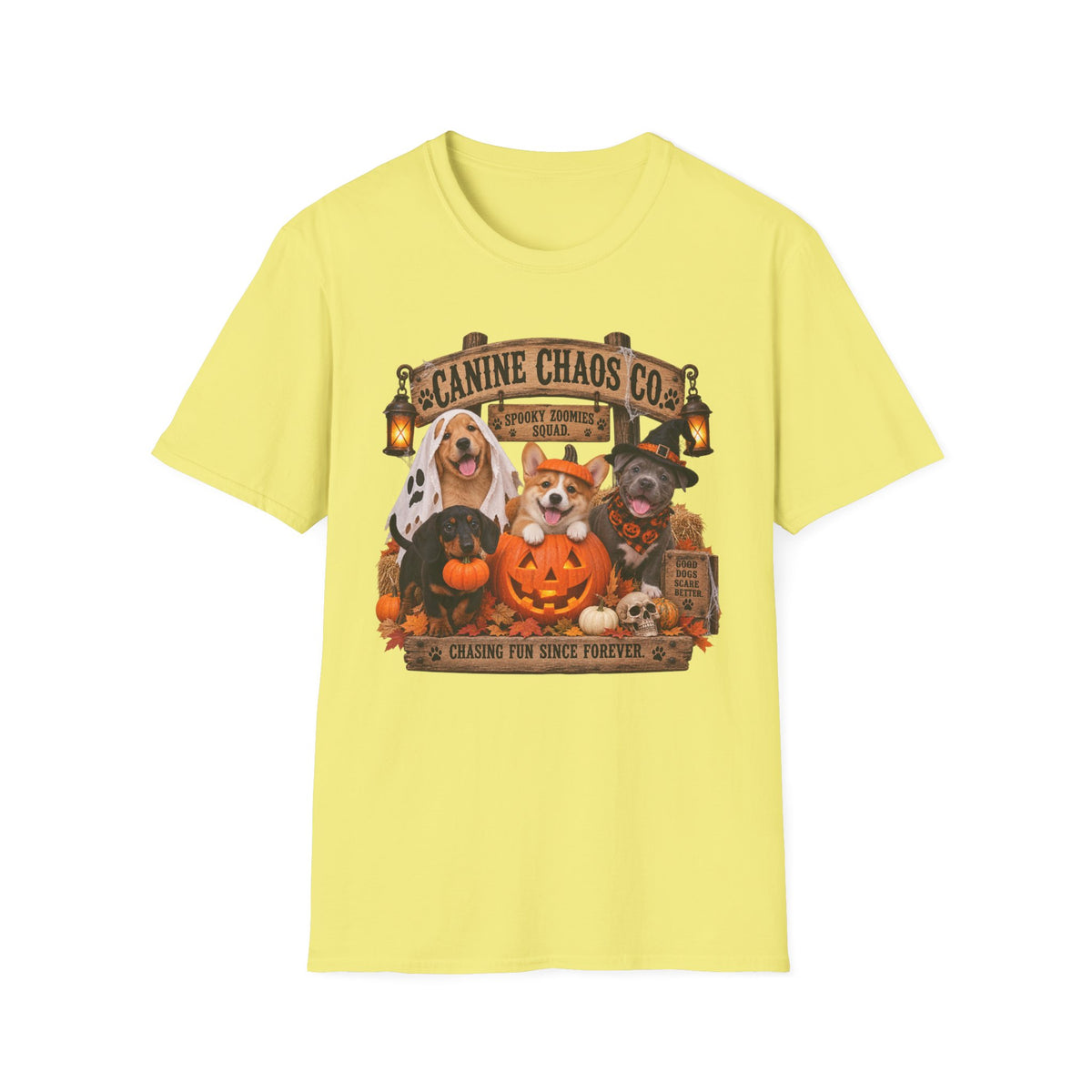 Canine Chaos Co. Halloween Dog T-Shirt — 'Chasing Fun Since Forever'