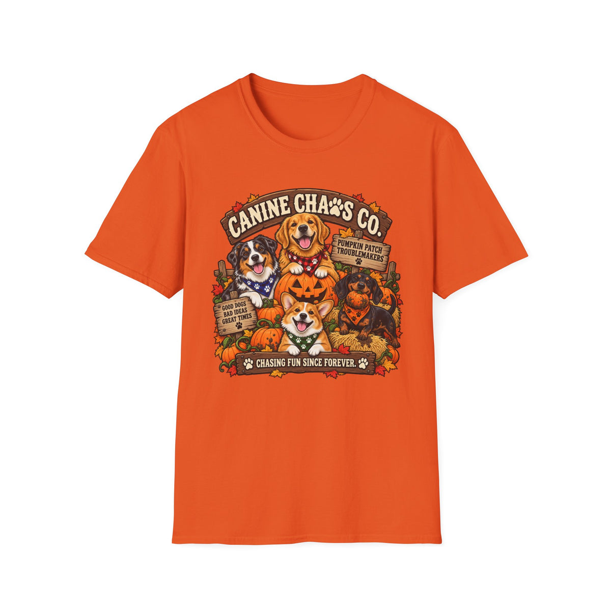 Canine Chaos Co. Halloween Dog T-Shirt — "Chasing Fun Since Forever" Cute Fall Puppy Tee