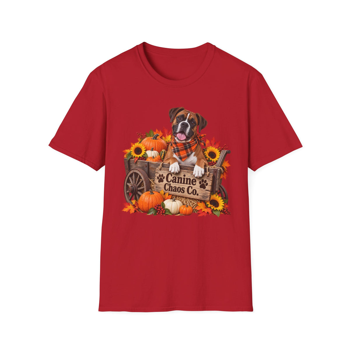 Fall Dog Pumpkin T‑Shirt — 'Canine Chaos Co.' Autumn Wagon Graphic