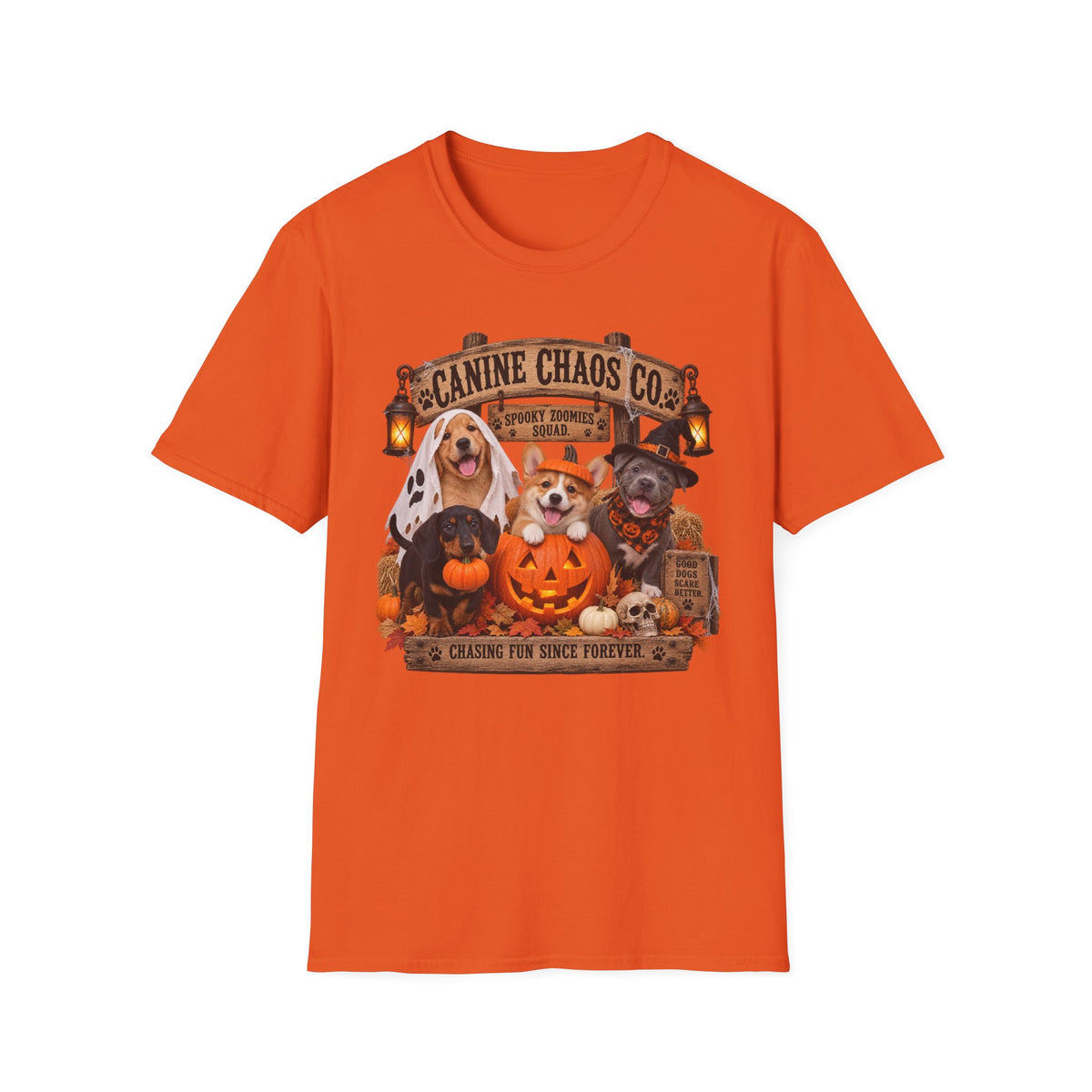 Canine Chaos Co. Halloween Dog T-Shirt — 'Chasing Fun Since Forever'