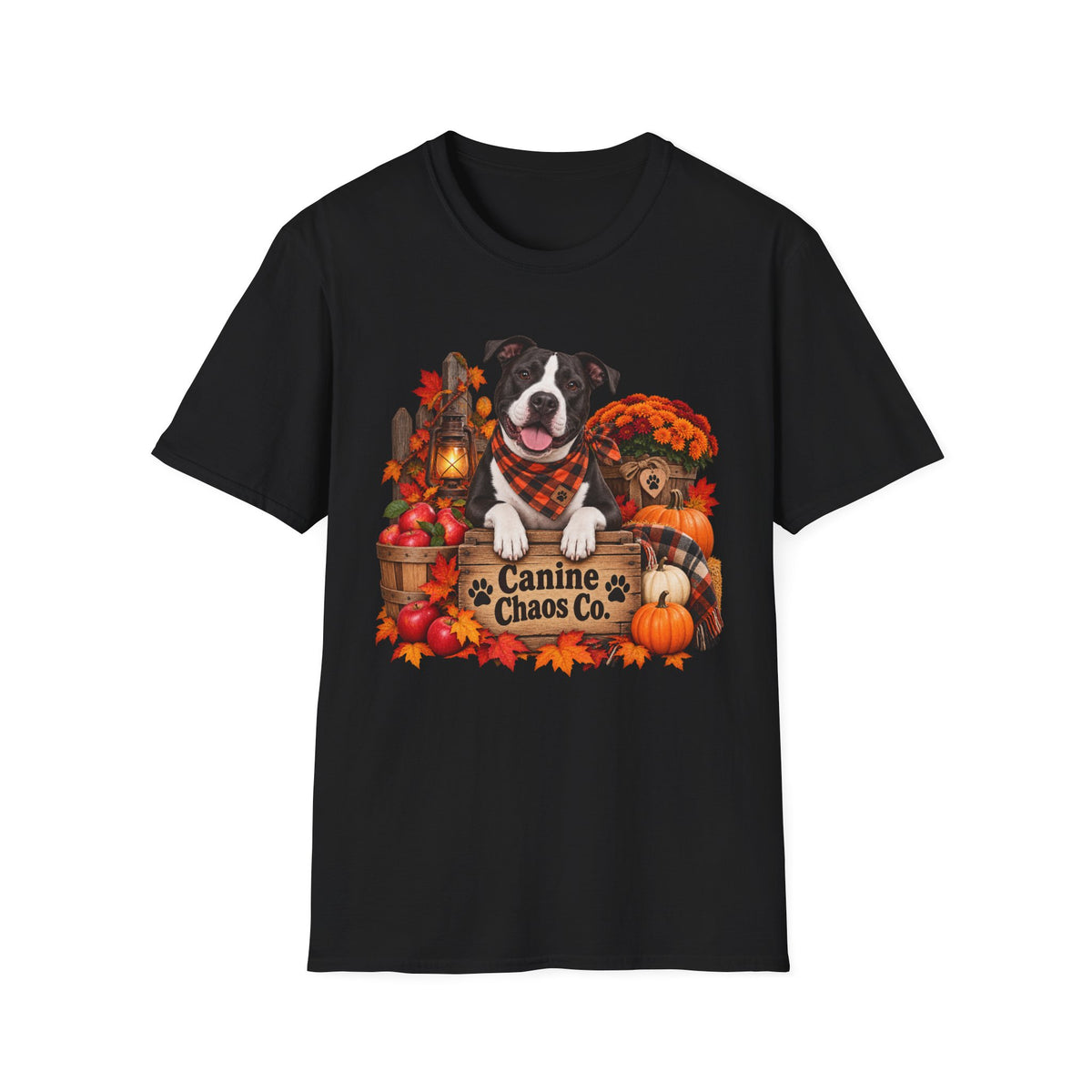 Fall Dog T-Shirt — "Canine Chaos Co." Autumn Pumpkin & Leaves Tee
